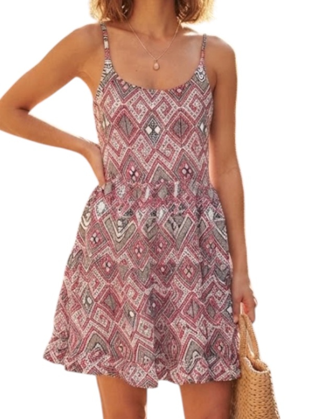 FUN FLIRT Pink Ivory Tribal Geo Caged Back Mini Dress Boho Festival Medium M